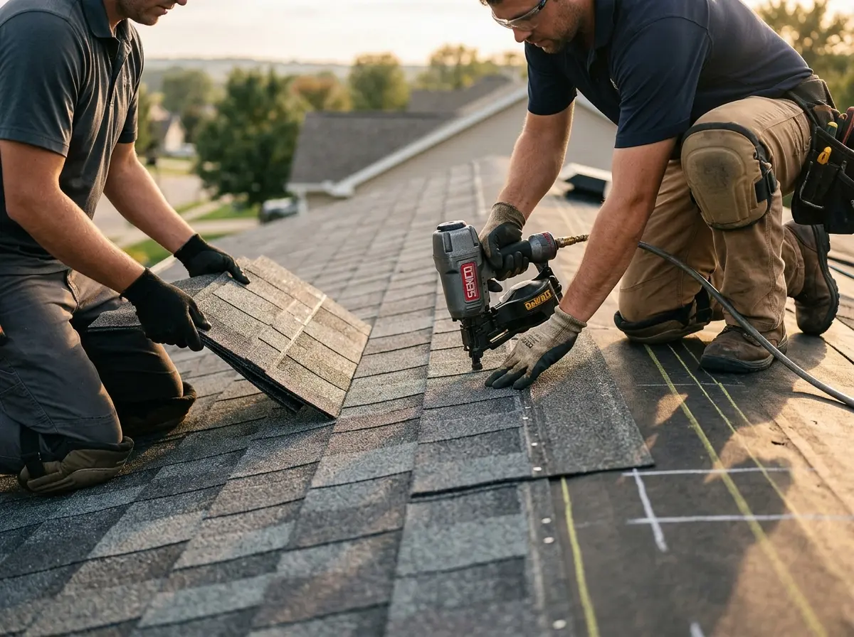 Professional roofer working on a residential roof in Lone Tree